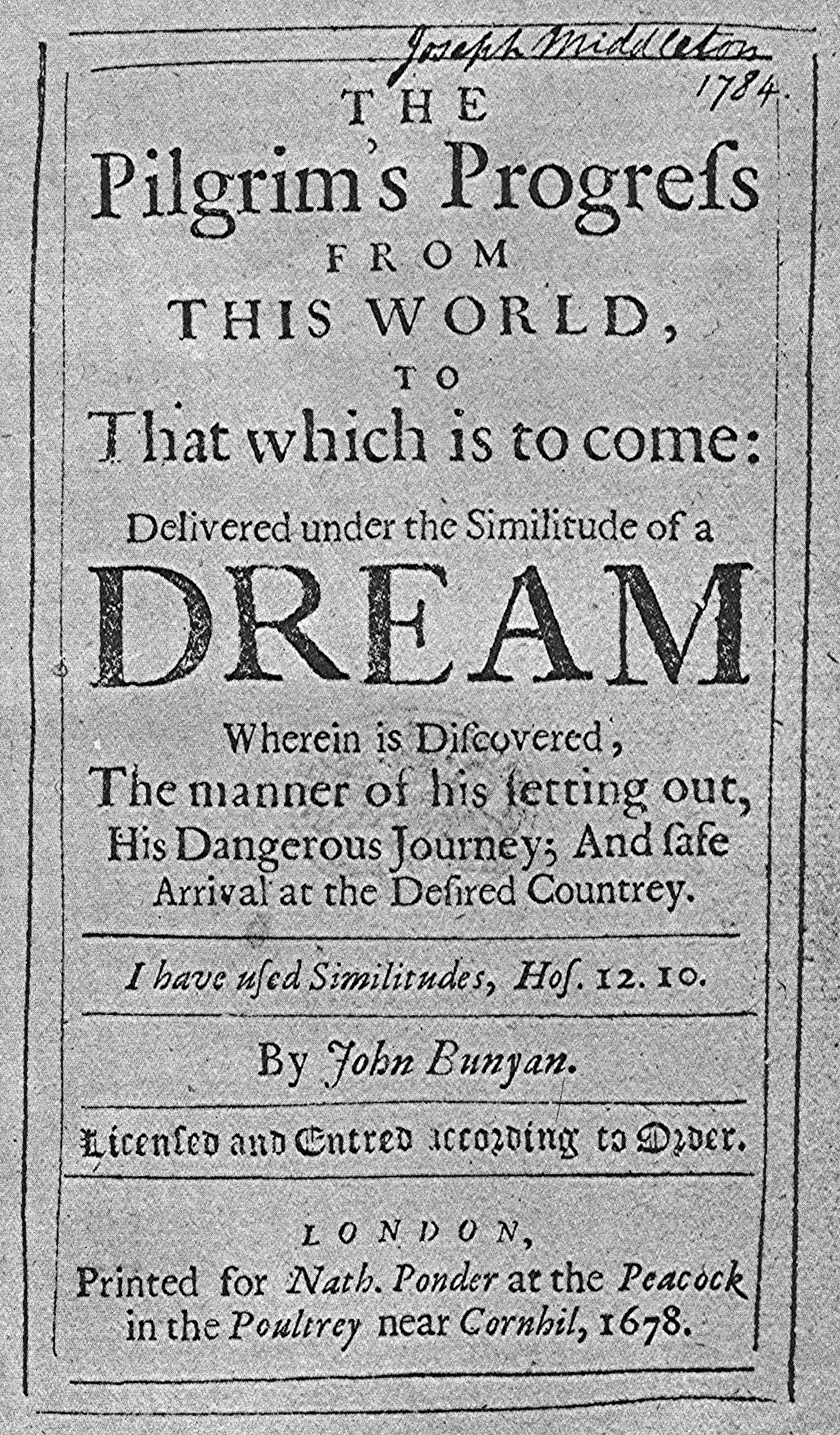 Title page of the first edition of John Bunyan's The Pilgrim's Progress, London, 1678, reading in part "delivered under the Similitude of a Dream."