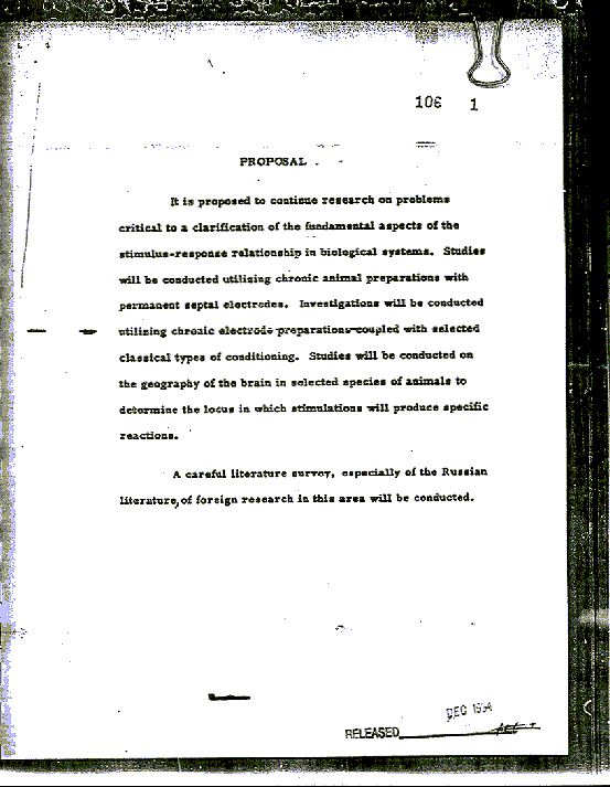 A declassified CIA MKULTRA research proposal document, stamped "RELEASED," describing a study of brain stimulation and conditioning in animals